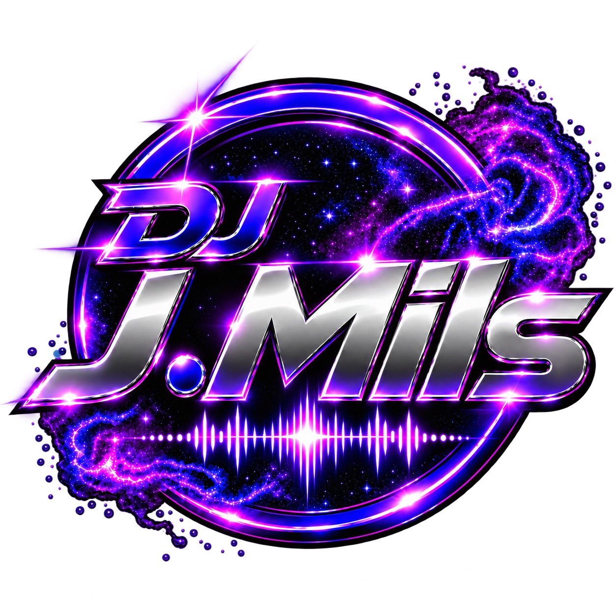 DJ J.Mils circular chrome and purple logo
